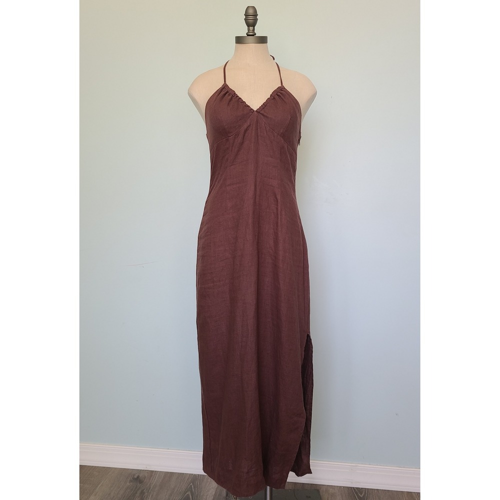 NA-KD Sz‎ 36 100% Linen Midi Dress Babydoll Halter Brown Quiet Luxury Old Money